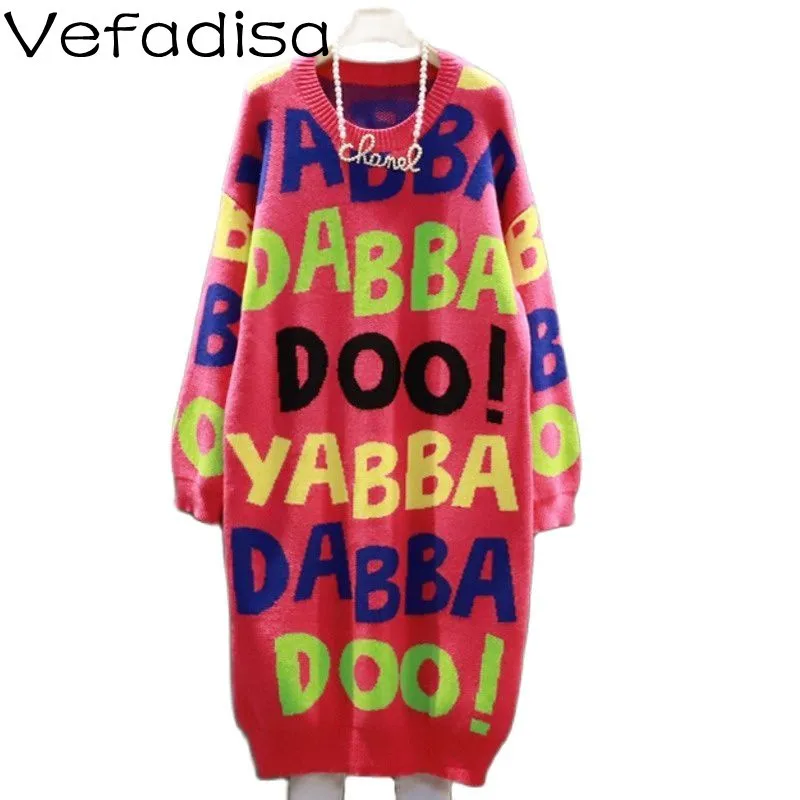 

Vefadisa 2021 Autumn New Women Clothing Letter Print Long Sleeve Sweater Dress Loose Mid-length Sweater Dress TT159