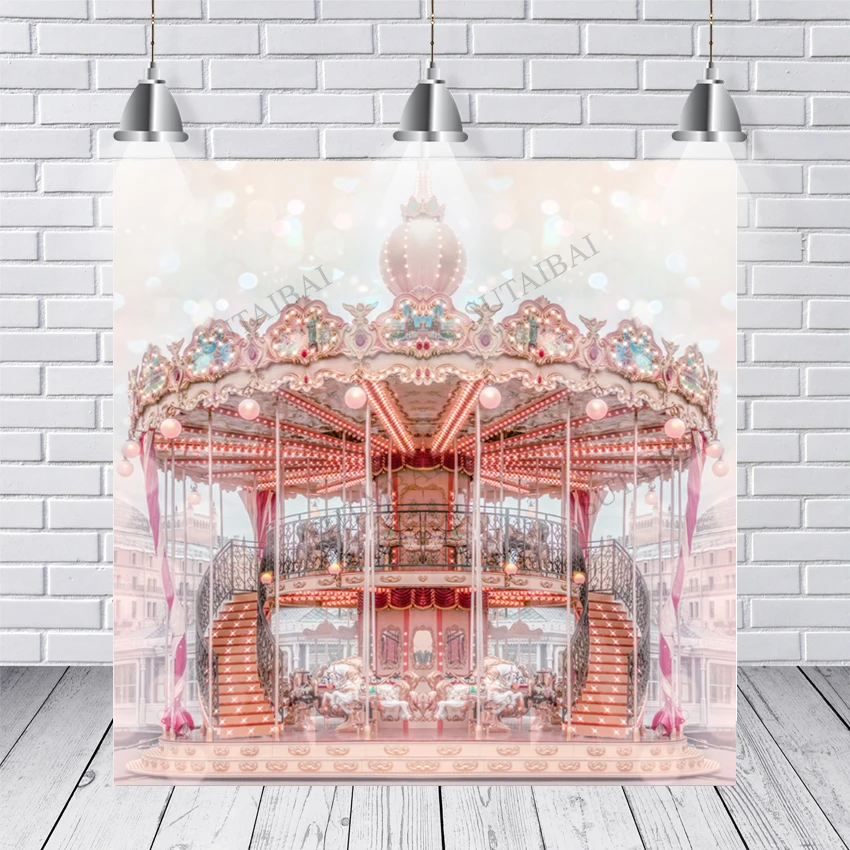 Fairy Tale Pink Carousel Carrousel Merry Go Round Gold Horse Custom Photography Backgrounds Child Photo Studio Backdrops Vinyl