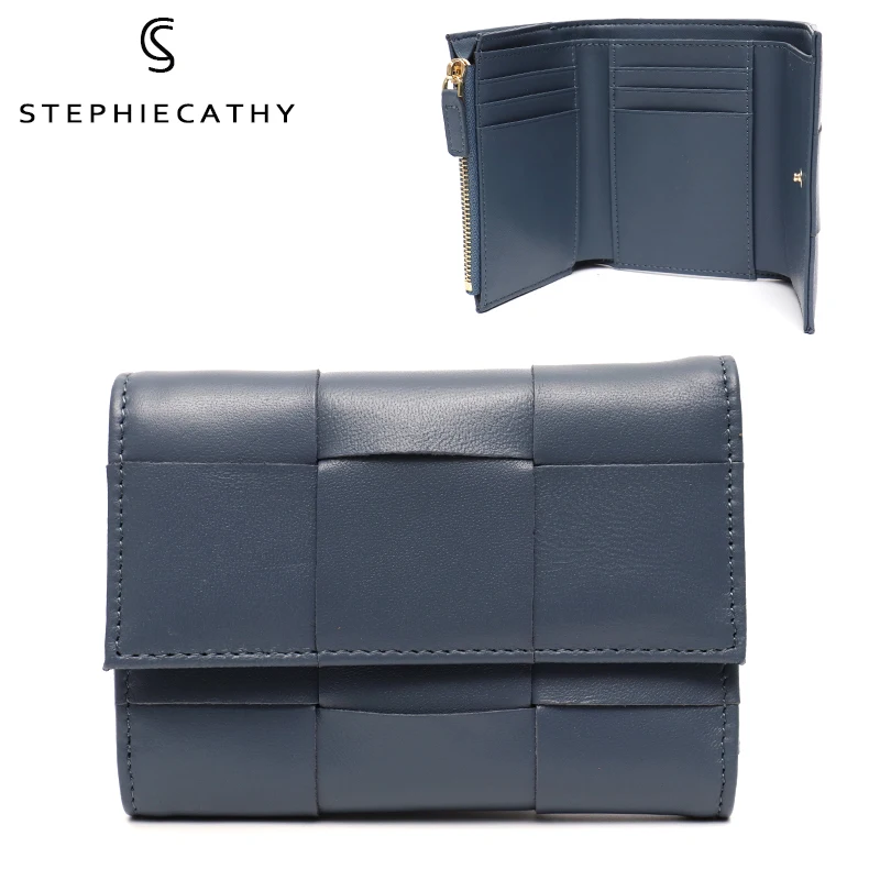 

Fashion Sheepskin Handmade Woven Short Wallet Women Brand Real Leather Zip Money Coin Purse Female Multi Pockets Card Holder