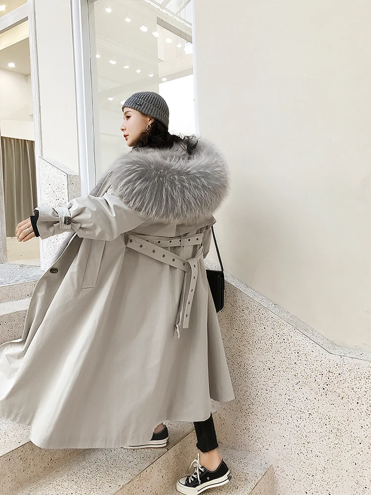 New Female Winter Coat Women Plus Size Fur Liner Real Fur Parka Bat Sleeved Rex Rabbit Fur Coat Mid-length Detachable Warm