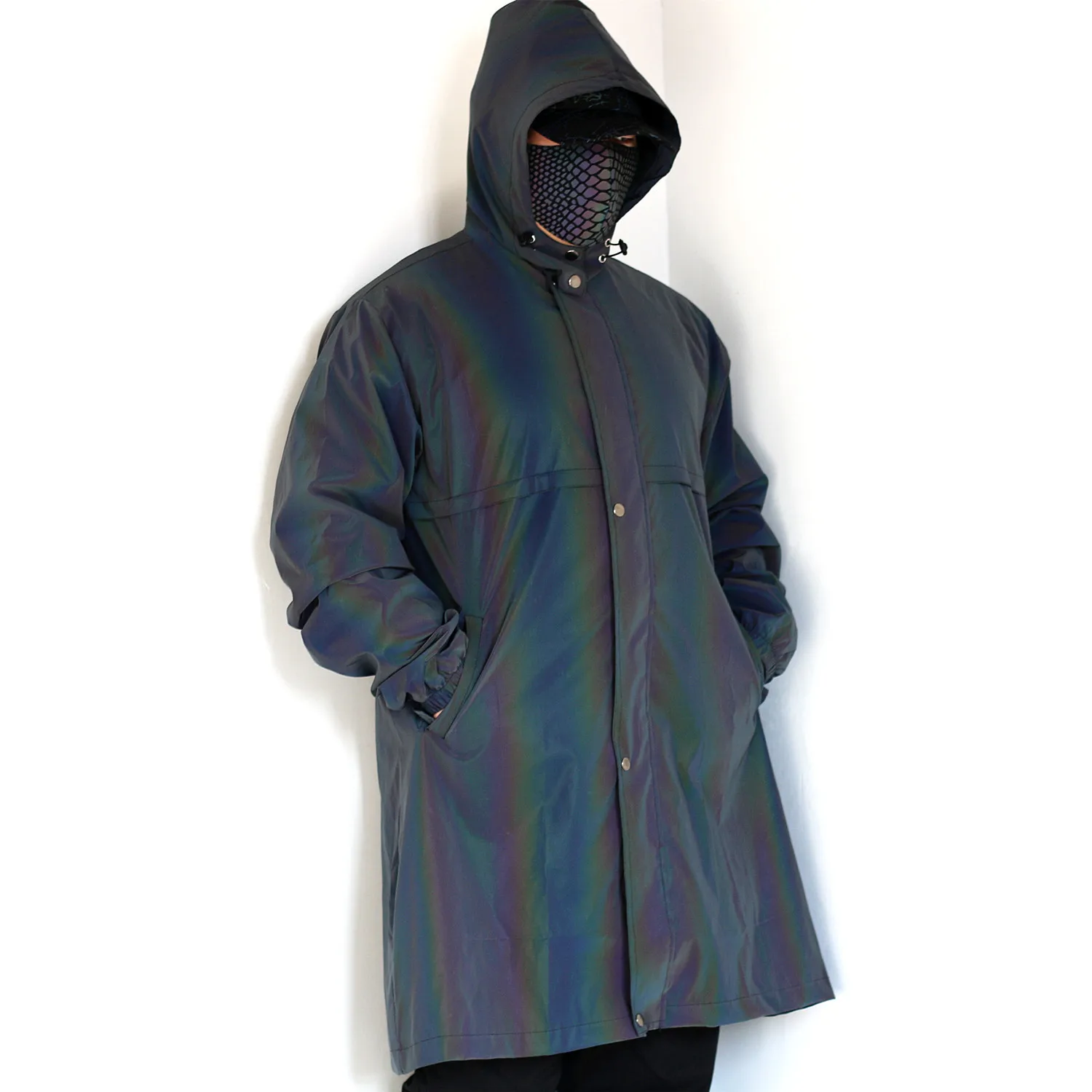 

Long Colorful Reflective Raincoat European and American Male and Female Large Size Windbreaker Outdoor Zipper Poncho
