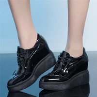 punk sneakers women cow leather platform wedges high heel ankle boots female lace up pointed toe pumps shoes casual travel shoes