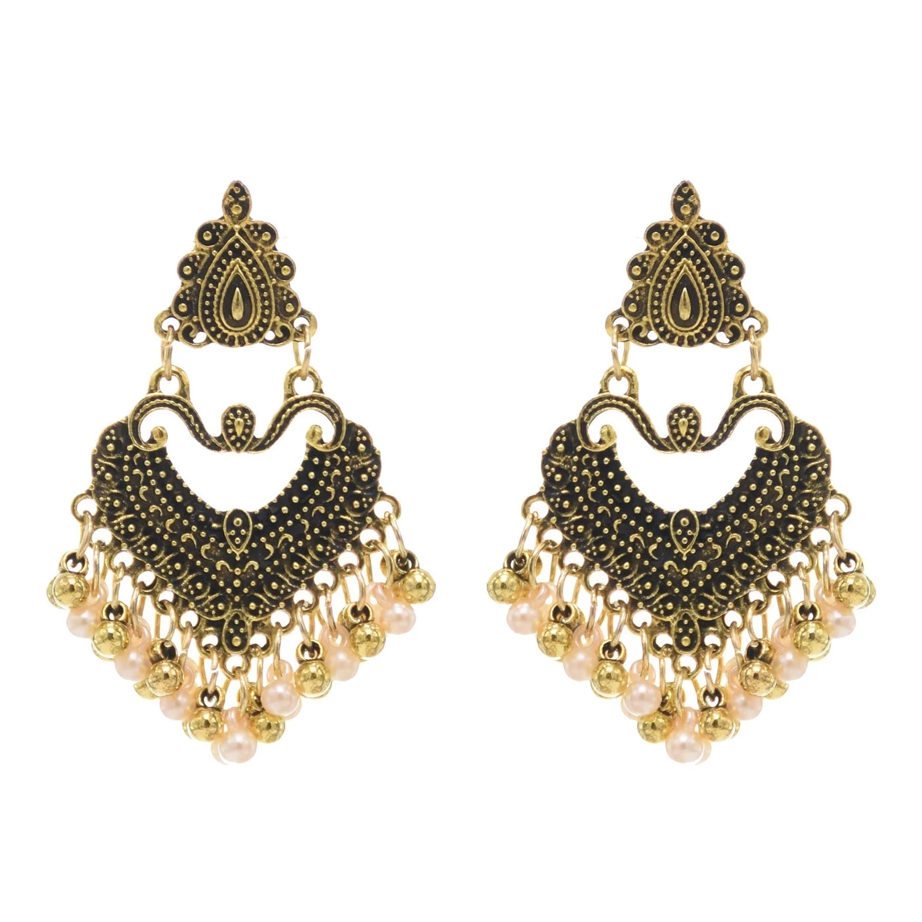 

Vintage Ethnic Gold Color Indian Earrings Metal Carved Heart Pearl Bell Tassel Drop Earrings Gypsy Tribal Turkish Afghan Jewelry