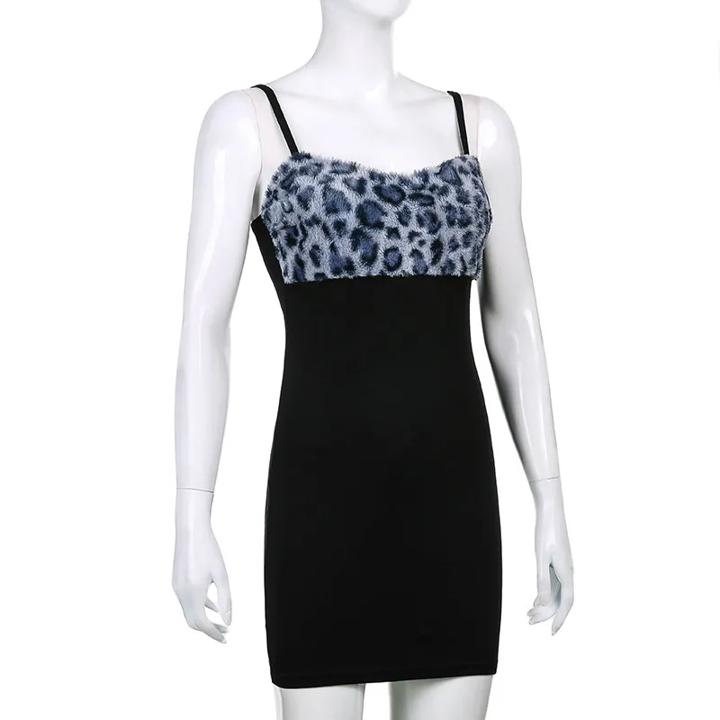 

Women's Leopard Sling Dress Sexy Sleeveless Summer Casual Tight Contrast Color Splicing Skirt High Waist One-piece Mini Dresses