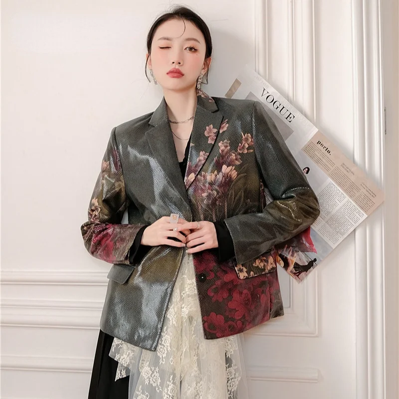 

ZCSMLL Vintage Snake Pu Faux Leather Blazer Women Elegant Floral Print Shoulder Pad Designer Coat And Jacket Autumn Clothes