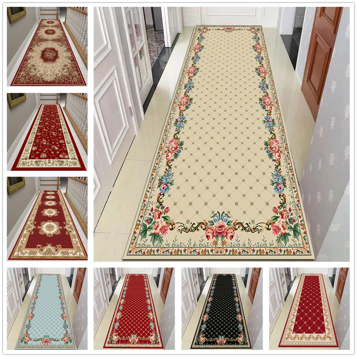 

Red/Beige Flower Grid Corridor Hallway Carpet Bedroom Living Room Area Rug Blue Islam Prayer Mat Flannel Anti-slip Kitchen Mat