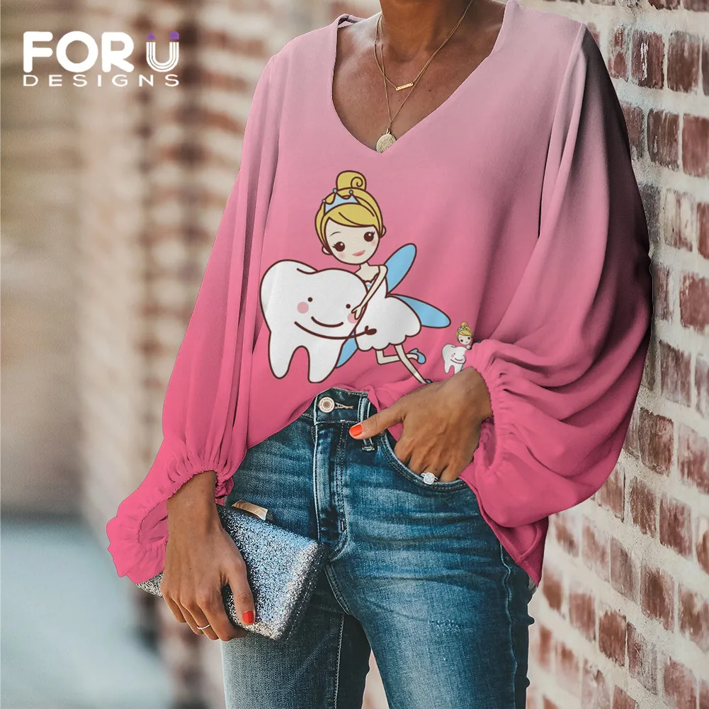 

FORUDESIGNS Pink Cute Teeth Dentist Design Girls Casual Soft Long Lantern Blouses Women's Nursing Fairy Sketch Chiffon Blouse