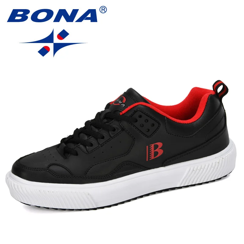 Black red BONA новая дизайнерская мужская обувь кроссовки Повседневная мягкая кожаная обувь для скейтборда Мужские Легкие беговые кроссовки для тренировок - Цвет: Black red