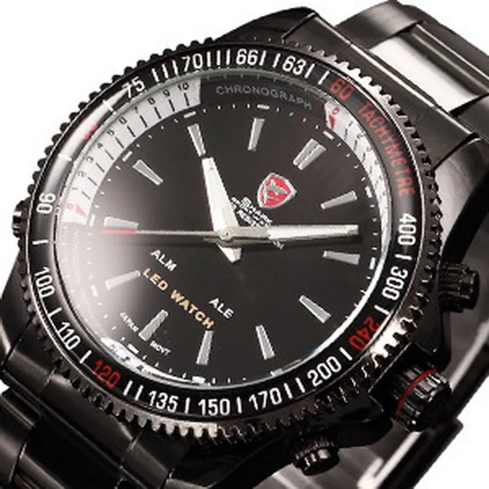 Black SH001 Спортивные часы Mako SHARK, брендовые, черные, с двойным часовым сигналом, с датой, мужские, стальной ремешок, мужские, для улицы, цифровой, светодиодный, кварцевые, спортивные часы/SH001 - Цвет: Black SH001