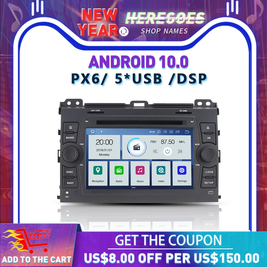Автомобильный DVD плеер PX6 DSP IPS Android 10 0 4G + 64G Wifi GPS радио Bluetooth 5 для Toyota PRADO Cruiser 120 2003 2007