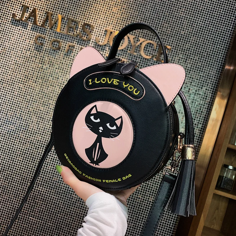 Очаровательные Круглые Женские сумки-мессенджеры с кисточками и кошками сумки