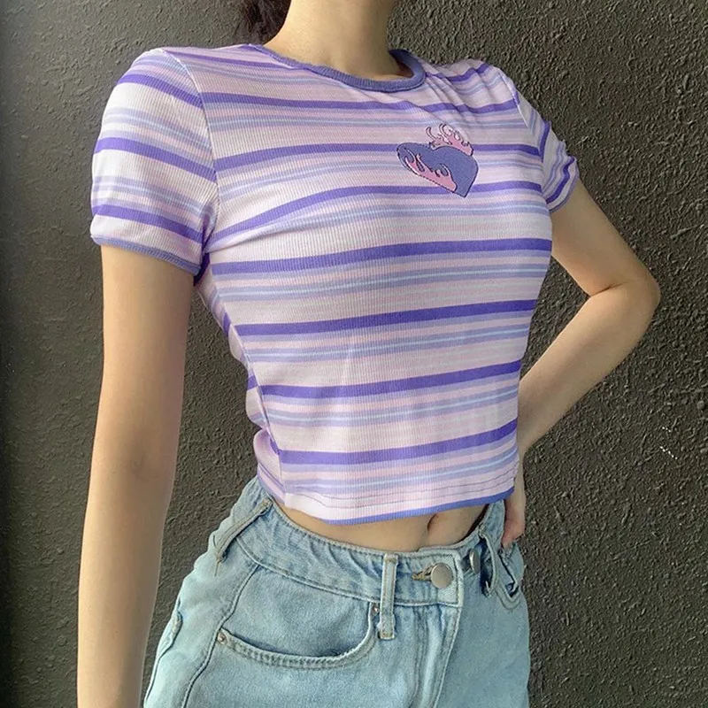

2020 Summer Tees Women Harajuku Embroidered T-shirt Slim Round Neck Short Sleeve Casual Tops Cute Colorful Striped Girls tshirt