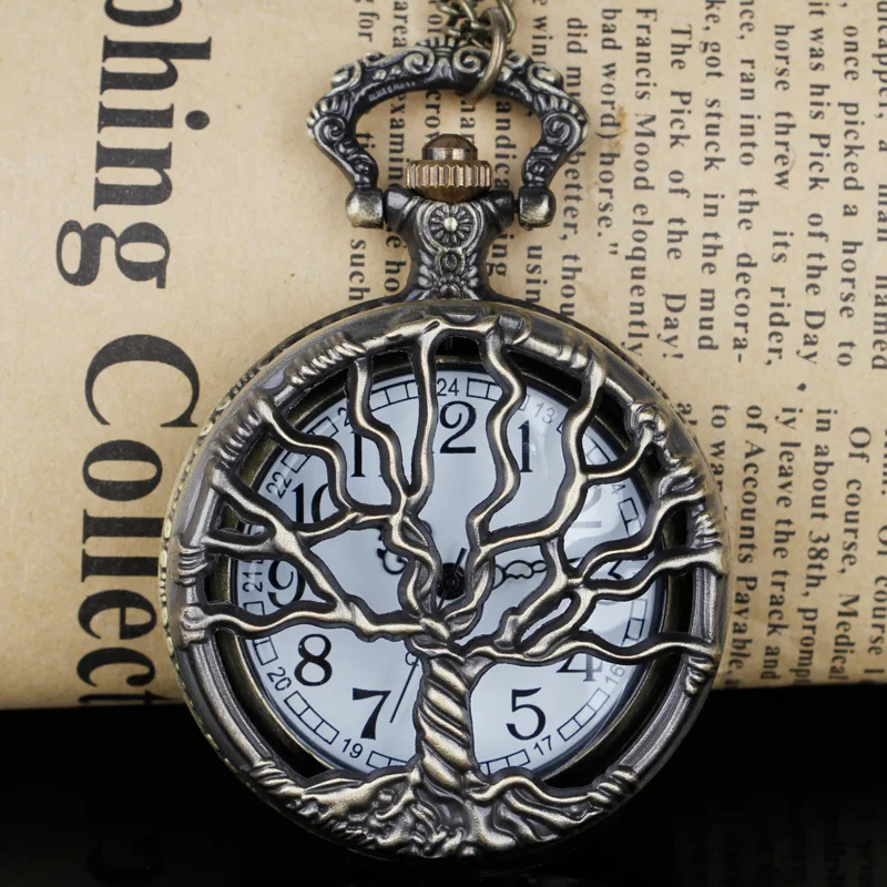 

Vintage Retro Bronze Hollow Tree Design Quartz Pocket Watch With Fob Chain Women Watch Pendant Necklace Chain Men Gift CF1088
