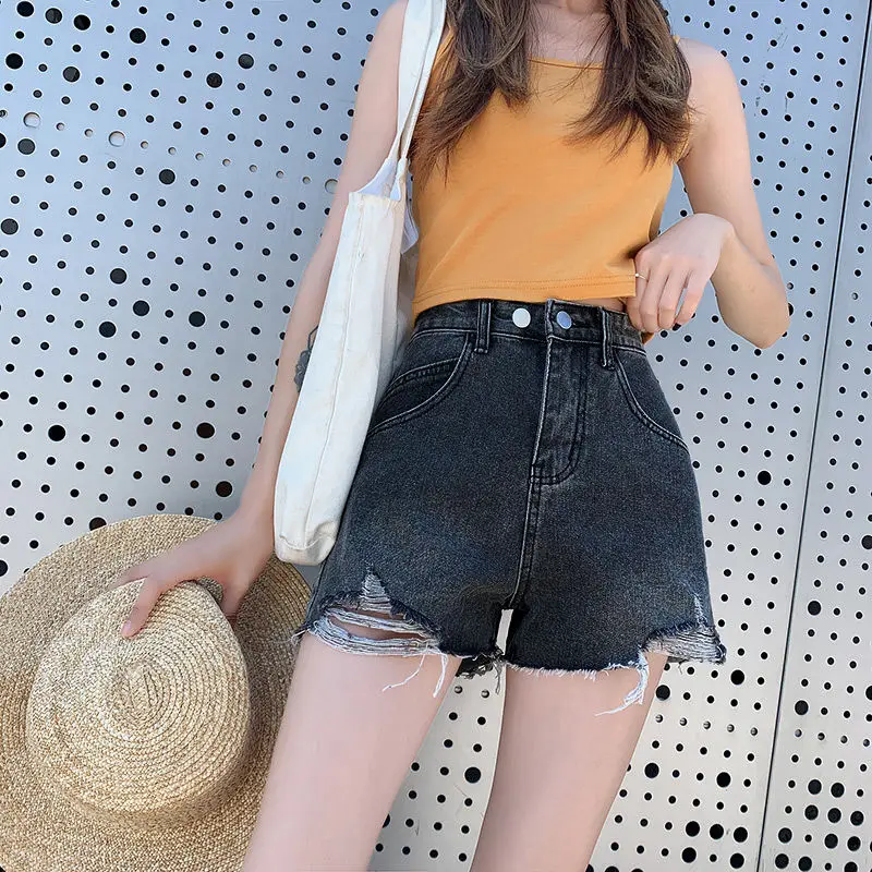 

2021 New Summer Women High Waist Denim Shorts Retro Streetwear Female Loose Blue Hole Jeans Shorts