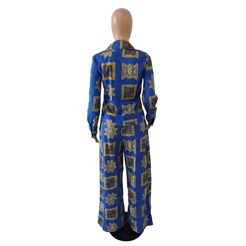 

African Clothes Women European Dress Dashiki Print Fashion Sexy Casual Lady Loose Sexy Shirt V Neck Wide Leg Pants Set Plus Size