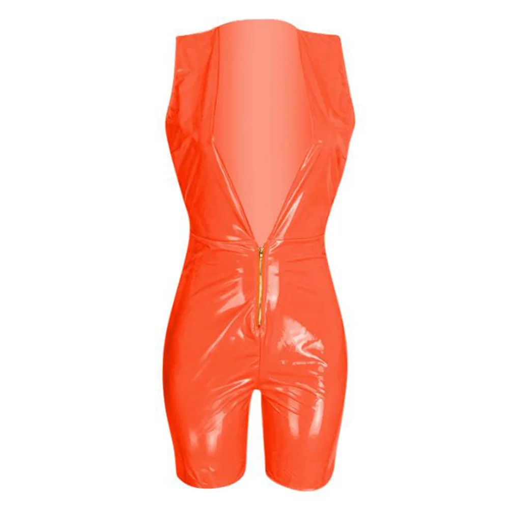 Women Jumpsuit Romper Bodycon Playsuit Shiny Wetlook PU Faux Leather Playsuits Shorts Party Clubwear Sexy Hollow Out Jumpsuit
