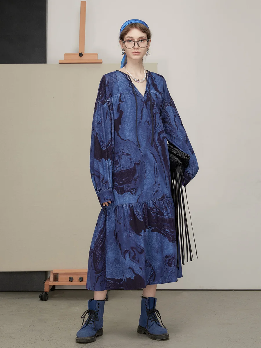 

IRINACH493 Fall Winter 2021 Collection Original Design Long Sleeve Printed Corduroy Dress Women