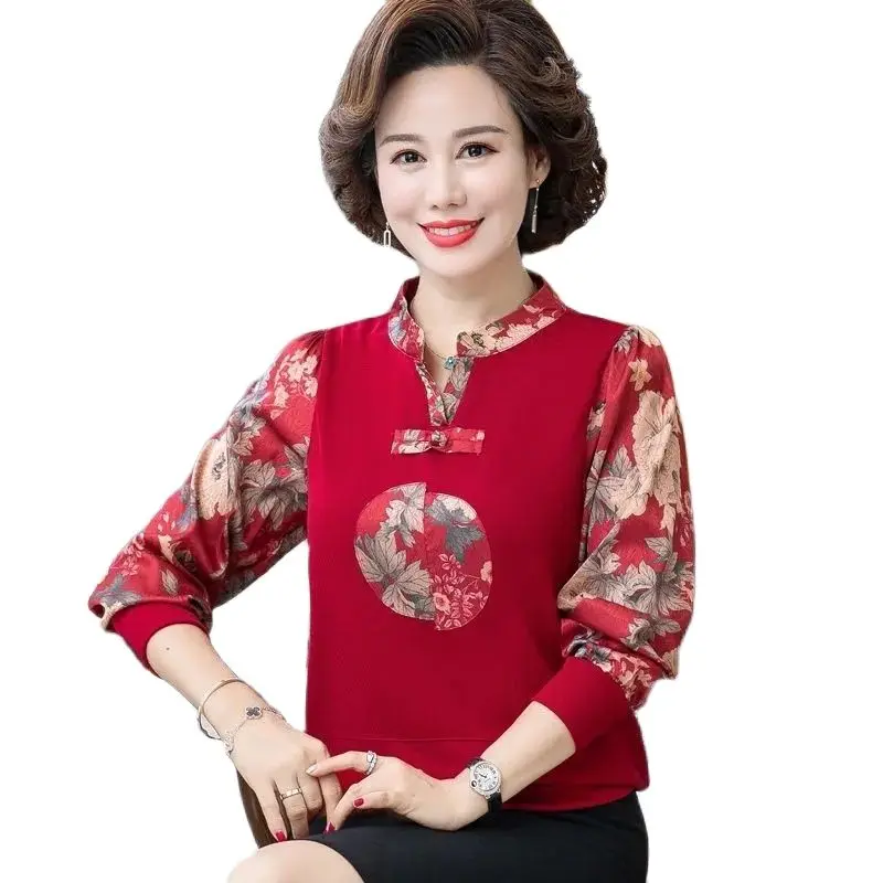 

2021 Mother Spring Clothes Korean Style Fashion T-Shirt Small Shirt Middle-Aged Female Plus Size Floral Thin Bottoming Blouse