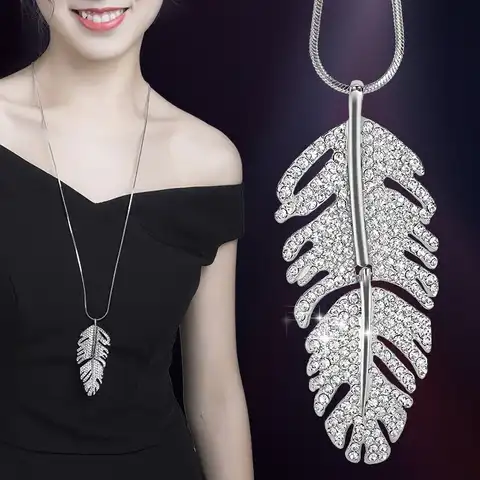 Женское длинное ожерелье с кристаллами и подвесками, эффектное женское ожерелье в стиле бохо с серебряными листьями, женское колье, Женская...