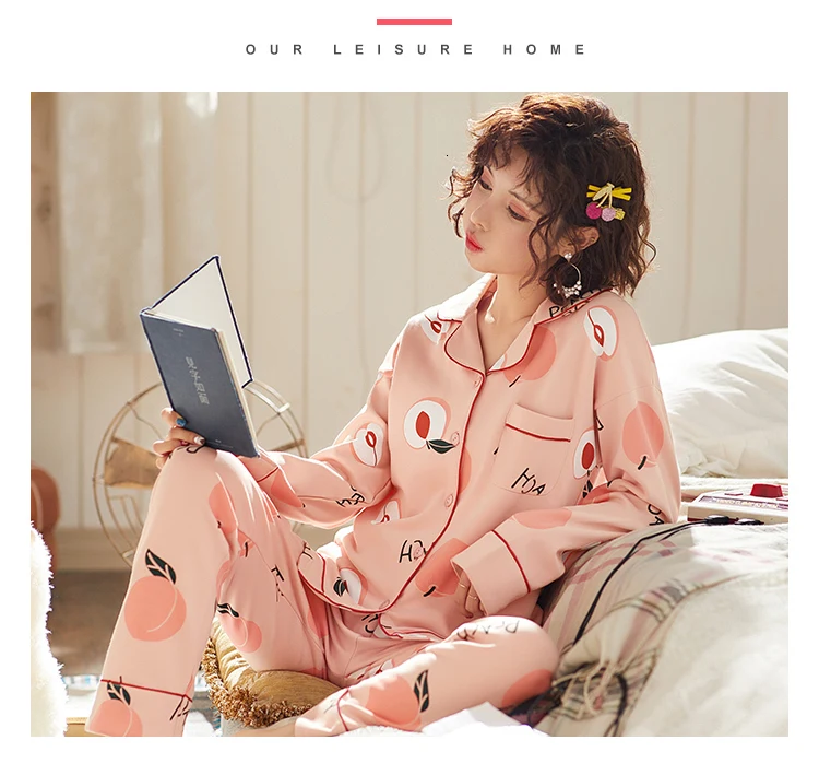 BZEL, Женская хлопковая одежда для сна, 2 предмета, пижама с отложным воротником, пижама для сна с рисунком, розовая ночная домашняя одежда