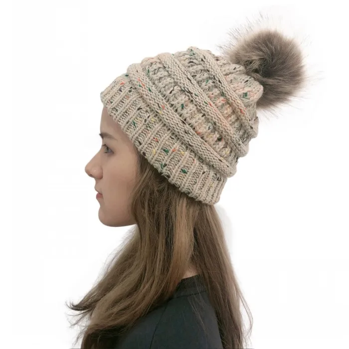 beige pom ball Женские зимние теплые шапки бини с милым искусственным мехом помпонами, вязаные шапки Skullies, уличные повседневные Лыжные шапки - Цвет: beige pom ball