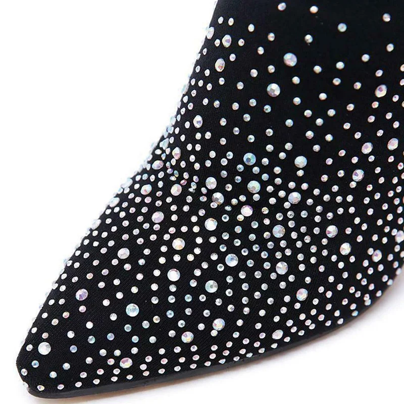 

Women Crystal Stretch Fabric Sock Boots Pointy Toe Over the Knee Thigh High High Heel Long Booties d88