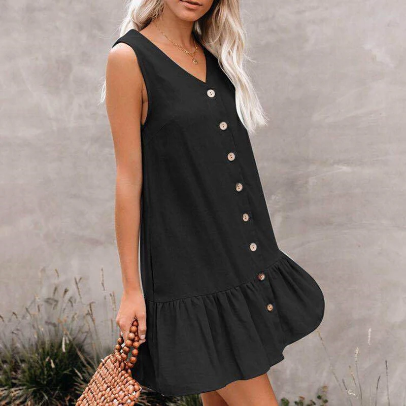 Черное однобортное однотонное Повседневное платье без рукавов тонкое летнее