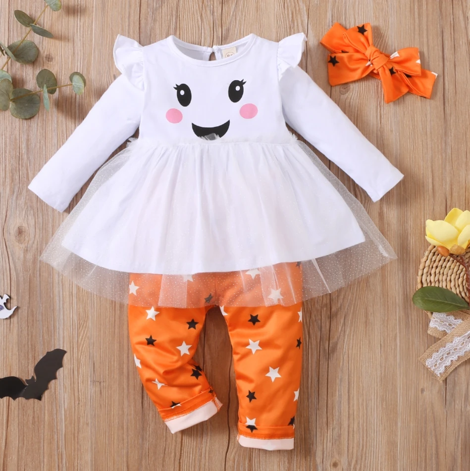 

Женские милые тренировочные костюмы на Хэллоуин для девочек, 3 шт., детский пуловер с длинными рукавами и рюшами + штаны с принтом звезд, повя...