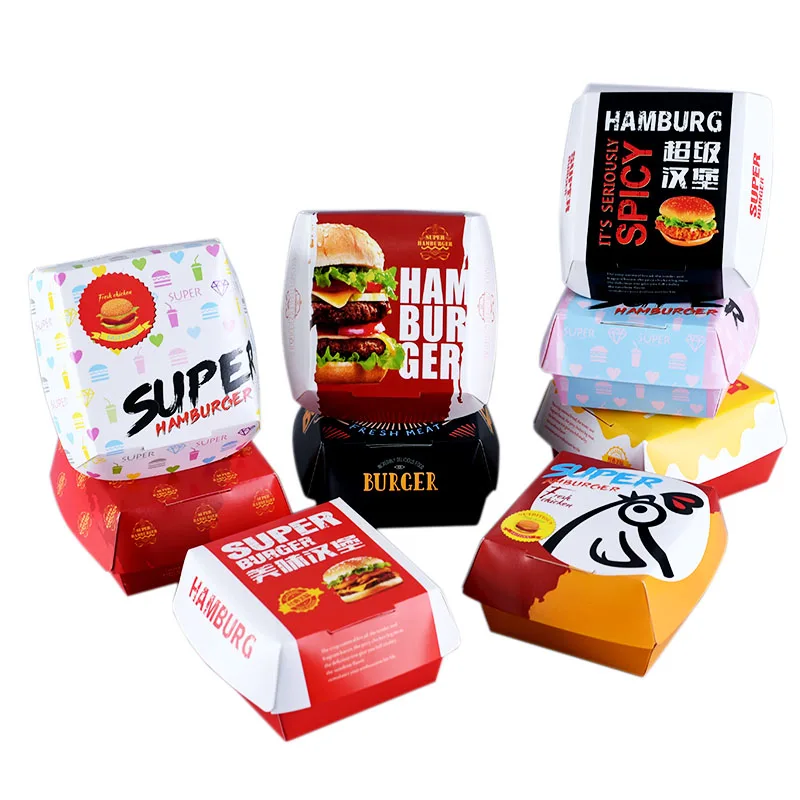 100pcs Hamburger packaging box white card creative baking delicious bread paper box picnic party food disposable package