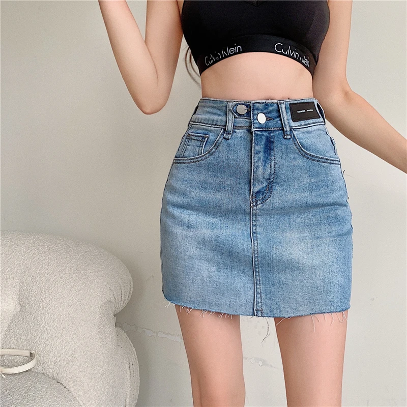 

Sexy Women Denim Mini Skirt Fashion Summer High Waist Korean Skirt Blue Package Hip Jeans Harajuku 2021 Cotton mini skirt