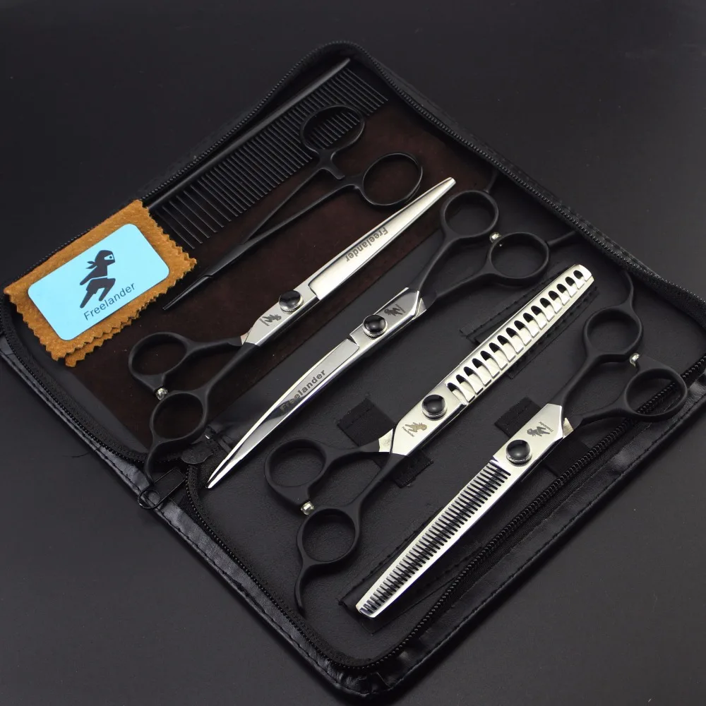 

Japan 440C Cat And Dog Scissors kit 7.0 Inch Black Paint Handle 4 Piece pet grooming scissors