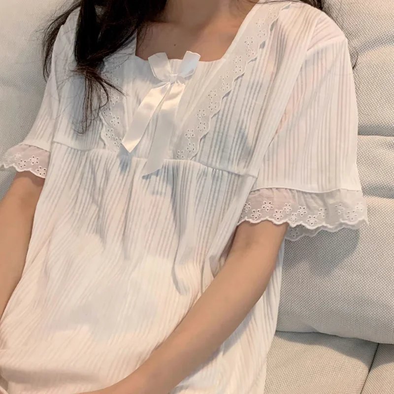 

Nightgowns Women Soft Home Wear Nighty Knee-Length Summer Ins Lovely Solid Sweet Princess Style Ulzzang Lace Fashion Sleepshirts