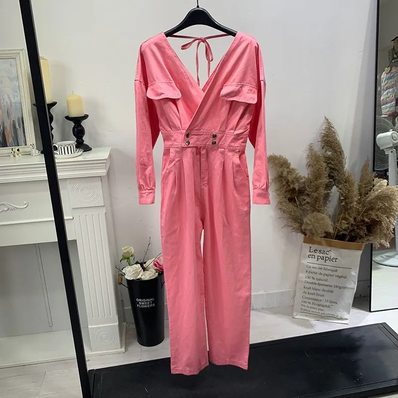Elegant Fashion Qualities V-Neck Backless Lace Up Womens Denim Jumpsuits Half Sleeve Pocket Ankle Length Female Loose Overalls | Женская