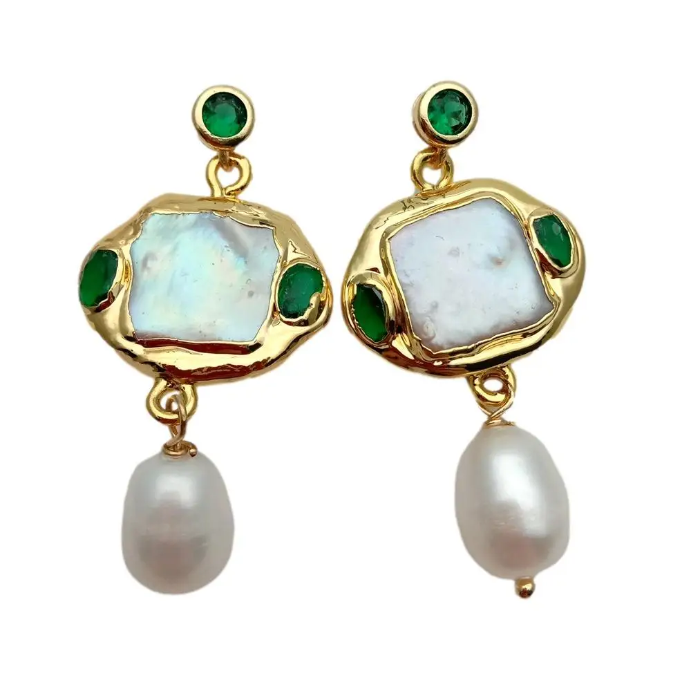 

Y.YING Freshwater Cultured White Square Pearl Rice Pearl Green Crystal Dangle Stud Earrings