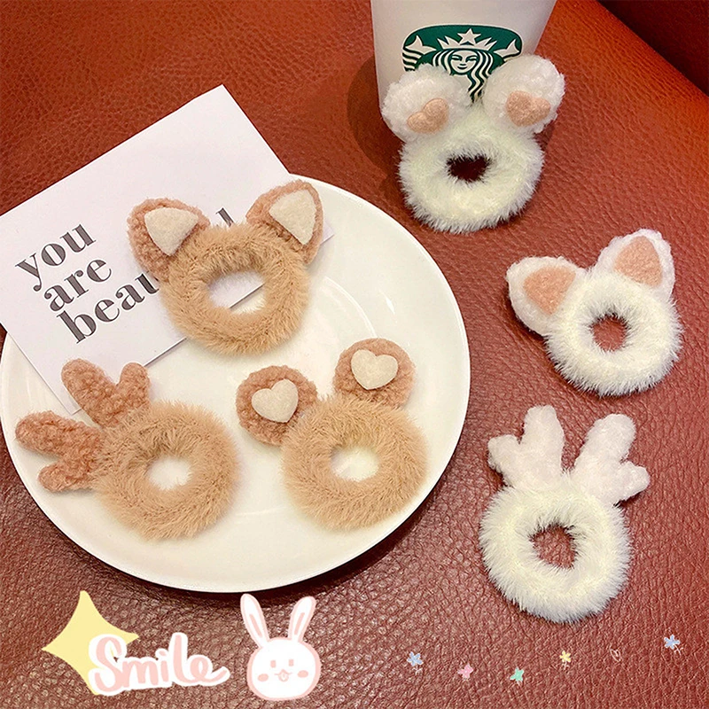 

2pcs Women Girls Cute Antlers Cat Ears Plush Elastic Hair Bands Winter Sweet Cute Cat Ears Headband Hair Ring