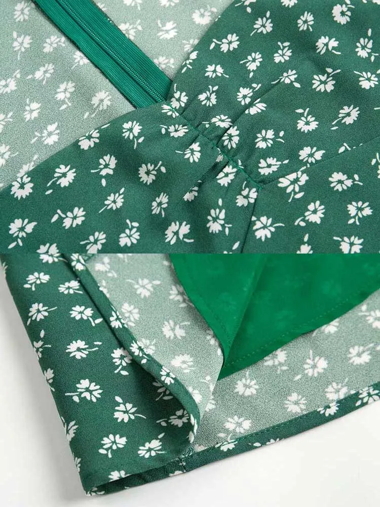 

yinlinhe Green Floral Square Collar Vintage Dress Women Slim High Waist Long Party Dress Summer Split Beach Midi vestidos 1430