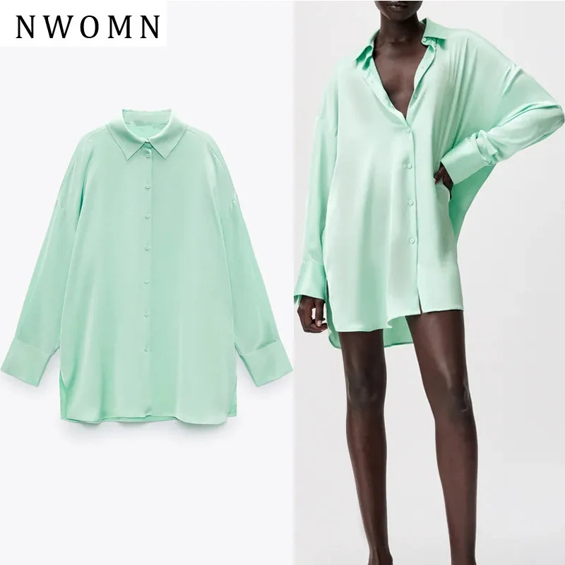 

NWOMN Za Woman 2021 Green Oversized Shirt Women Blouses Long Sleeve Satin Top Female Casual Collared Button Up Summer Shirt