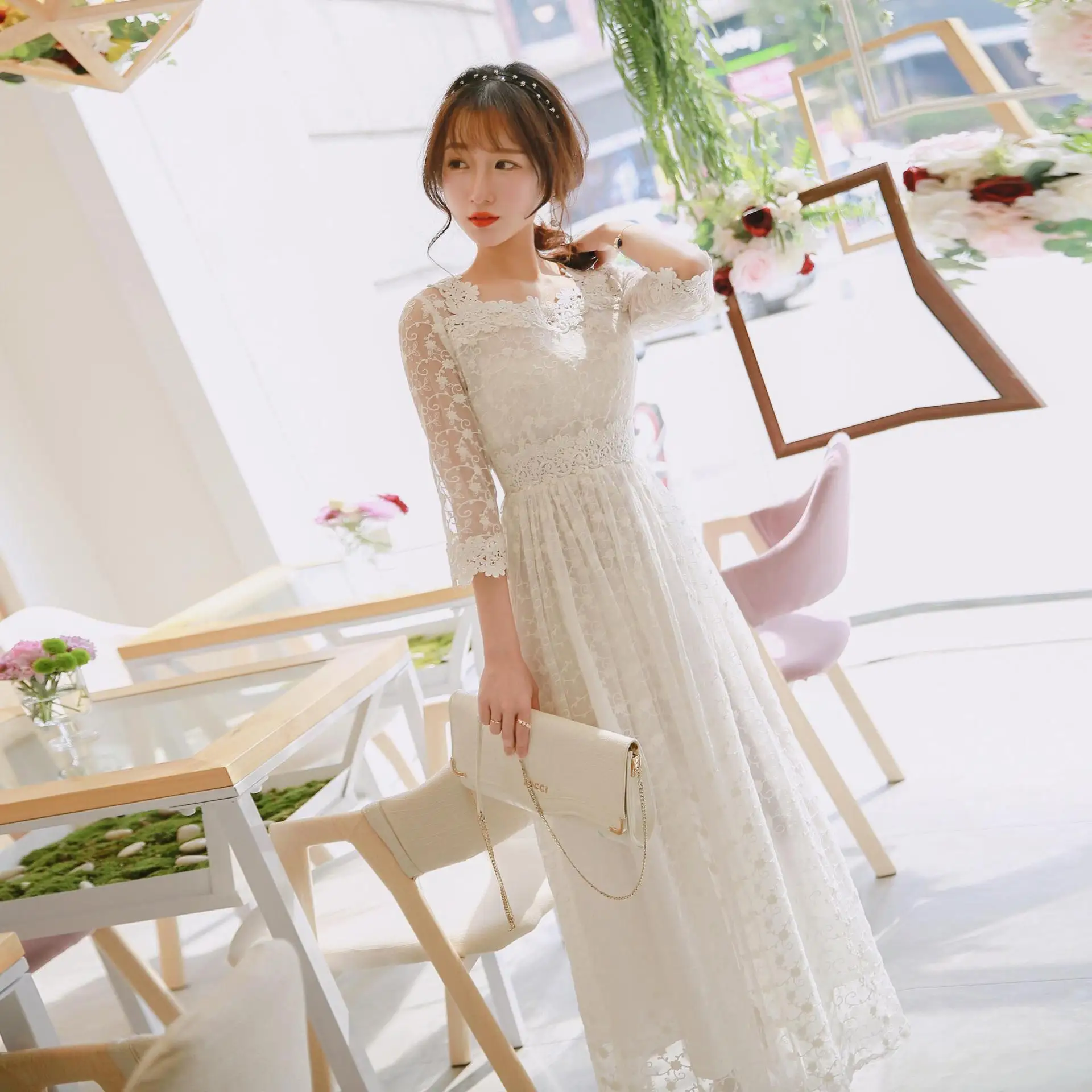 Высокое качество Новое Женское платье семь четверти рукав шифоновое Кружевное