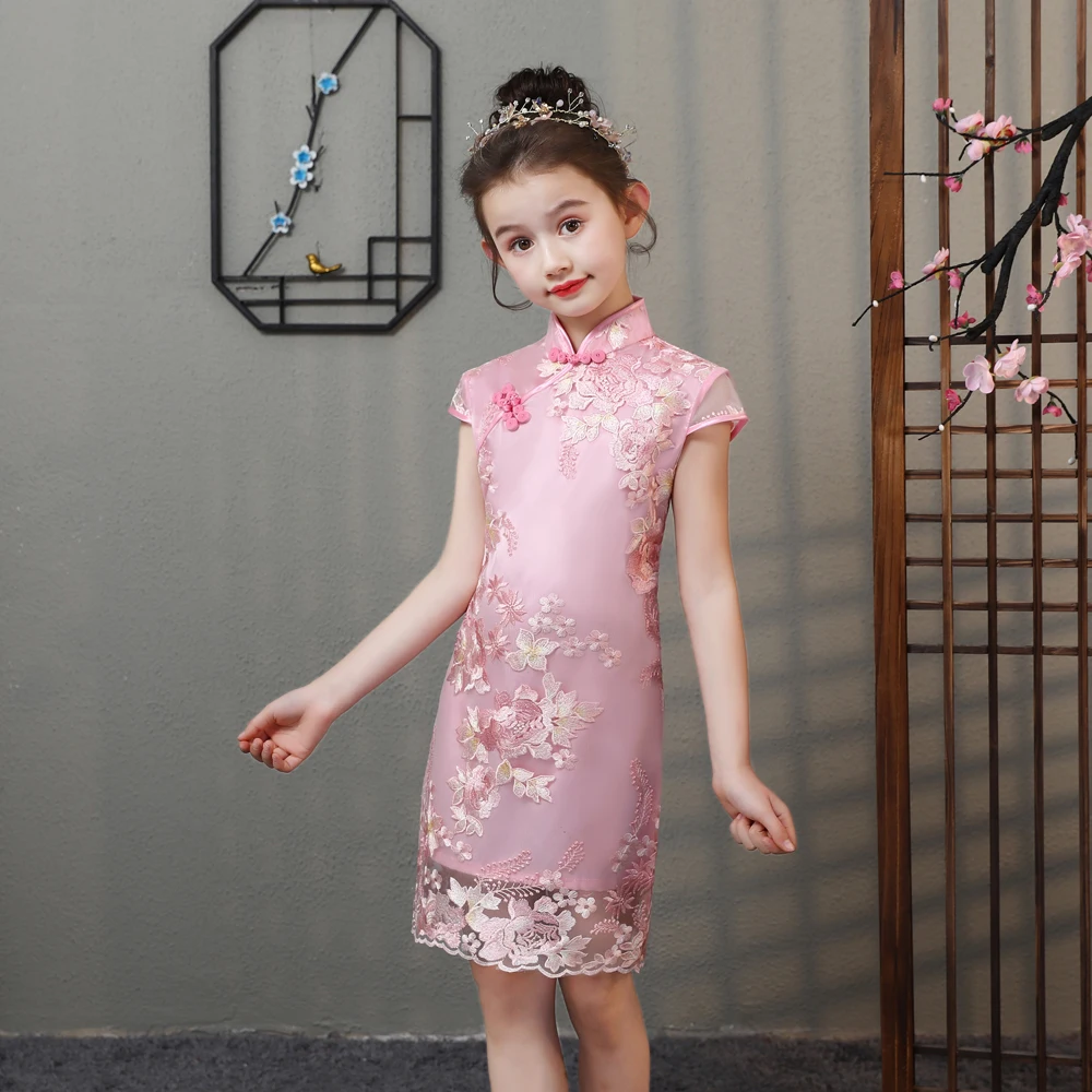 

Платье-Ципао с цветочной вышивкой для девочек, милое китайское платье принцессы, вечерние таленное вечернее платье с воротником-стойкой, де...