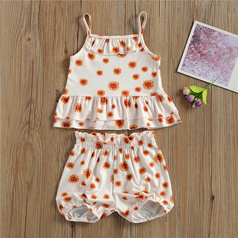 

Baby Girl's Clothing summer sweet style Set, Flower Print Sleeveless Sling Tops and Shorts Two-piece Suit for Birthday Party