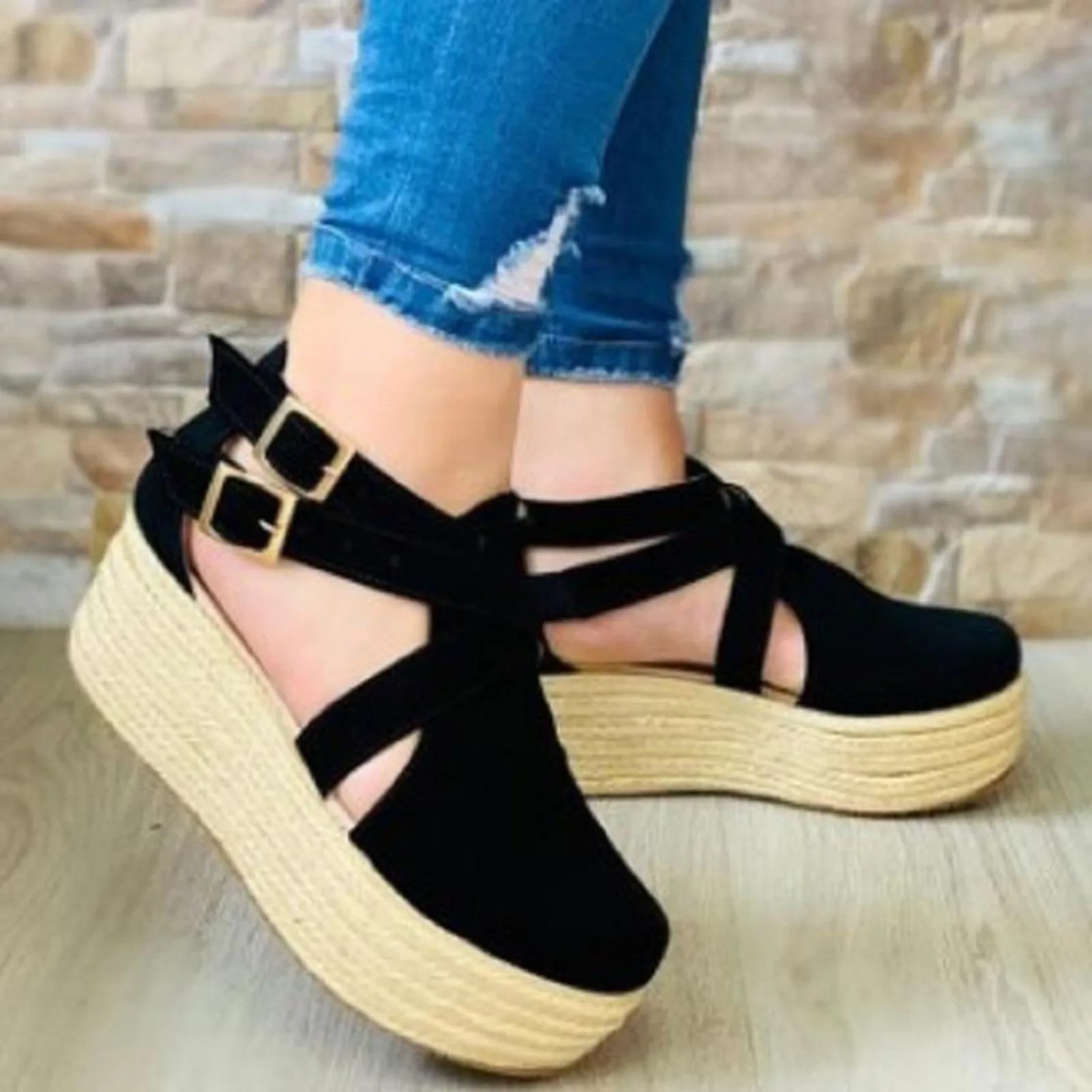 

Сандалии Женские однотонные на танкетке, повседневные босоножки на танкетке, с боковой пряжкой, модная обувь, #40