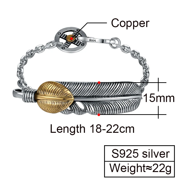 Мужской и женский браслет ZABRA в стиле панк с золотыми перьями из стерлингового