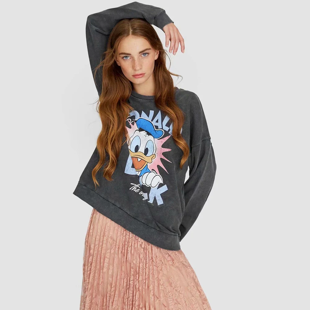 Женский свитшот с длинным рукавом Темно Синий Свободный принтом Дональд Дак без