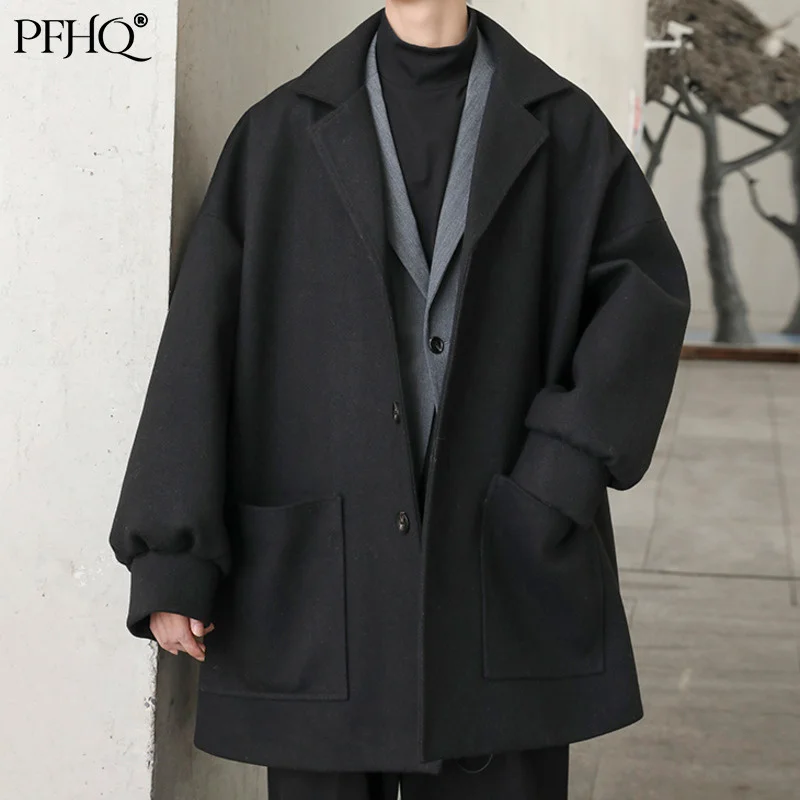

PFHQ 2021 New Men's Fashion Loose Solid Color Lapel Single-breasted Mid-length Korean Casual Coat Autumn And Winter 21D3181