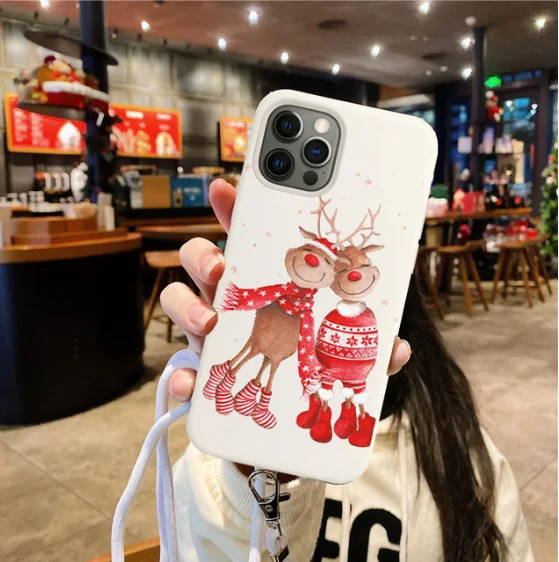 

Рождественский чехол для iPhone 12 13 11 Pro Max XS XR X 7 8 Plus 6 6S SE 2020, мягкий чехол для телефона из ТПУ, чехол с ожерельем, ремешком и шнурком
