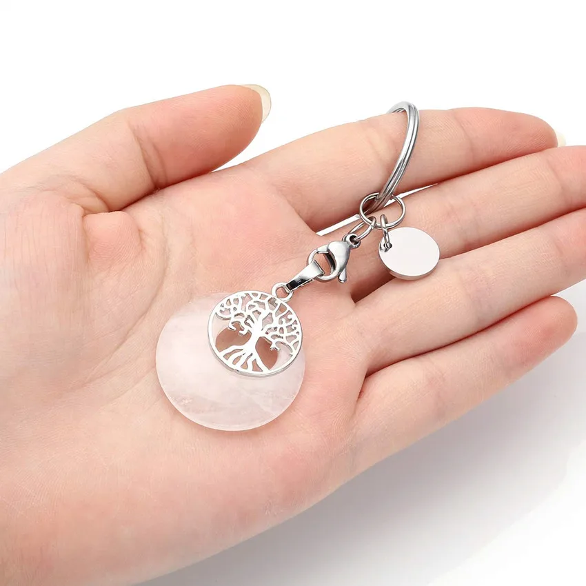 FYJS Unique Silver Plated Circle Lobster Clasp Round Hollow Natural Rock Crystal Key Chain Tree of Life Jewelry | Украшения и