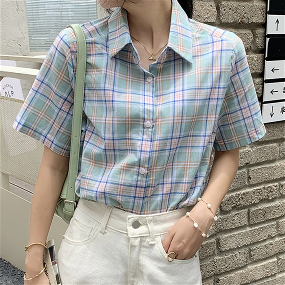 

Женская свободная рубашка в клетку, с коротким рукавом, в стиле ретро