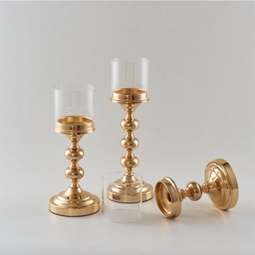 

Hot sale electroplating iron art flat ball glass candle holder wedding props decoration retro windproof candle holder