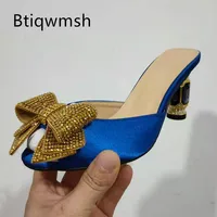 Blue Luxury Satin Rhinestone Sandals Women Open Toe Crystal Butterfly Knot Jewlled High Heels Shoes Woman Mules Slippers