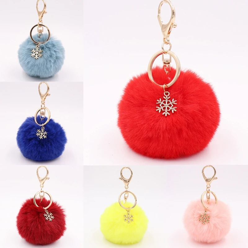 

Pom Pom Keychain with Snowflake Pendant Charms Furry Fluffy Plush Ball Keyring for Women Girls Bag Accessories Ornament